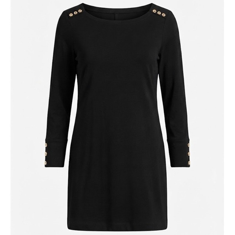 Lilly Pulitzer Solid Black Boat Neck 3/4 Sleeve Gold Button Dress Medium - CJ